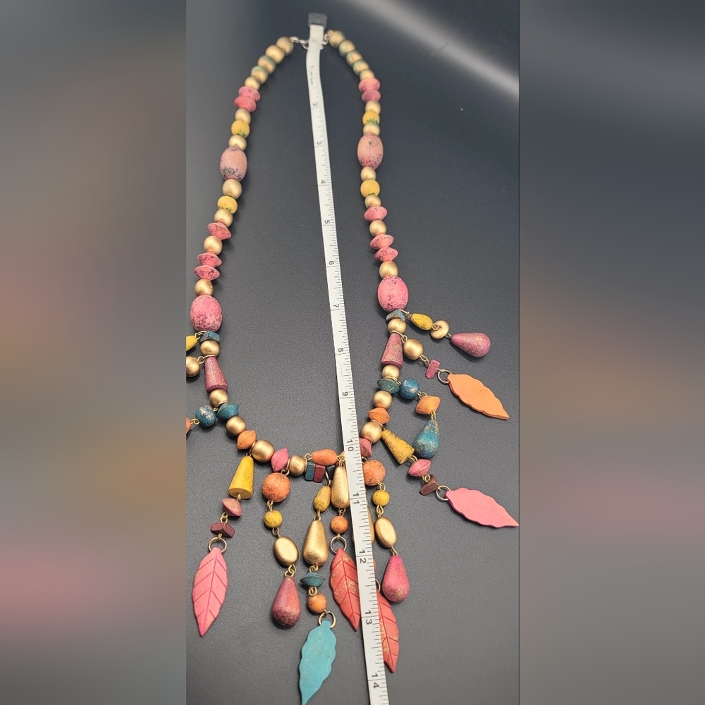 Wooden Colored Necklace Beaded  Retro Hippie Boho - Picture 5 of 7